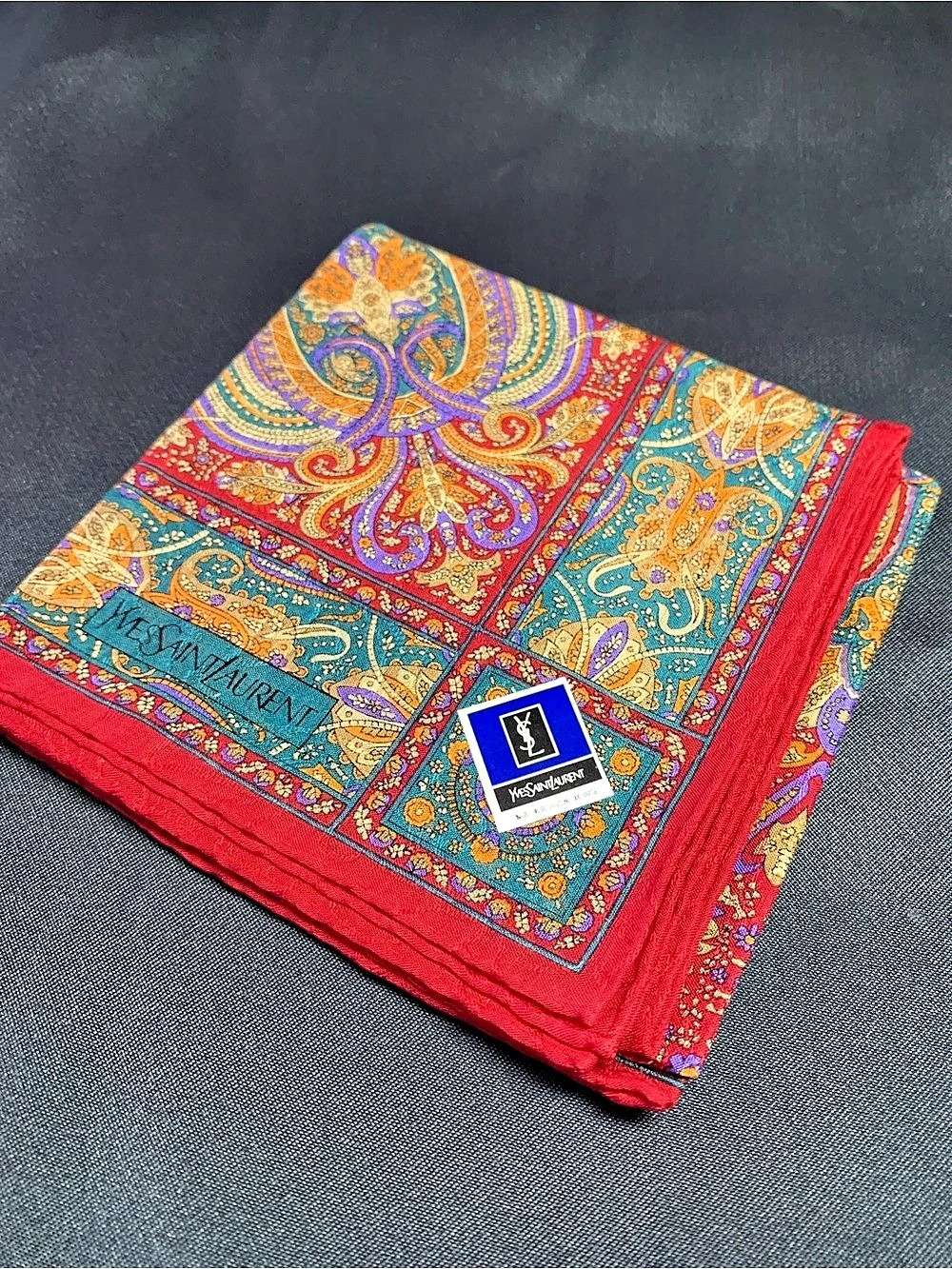 Yves Saint Laurent Paisley Silk Scarf in Red & Blue Like New